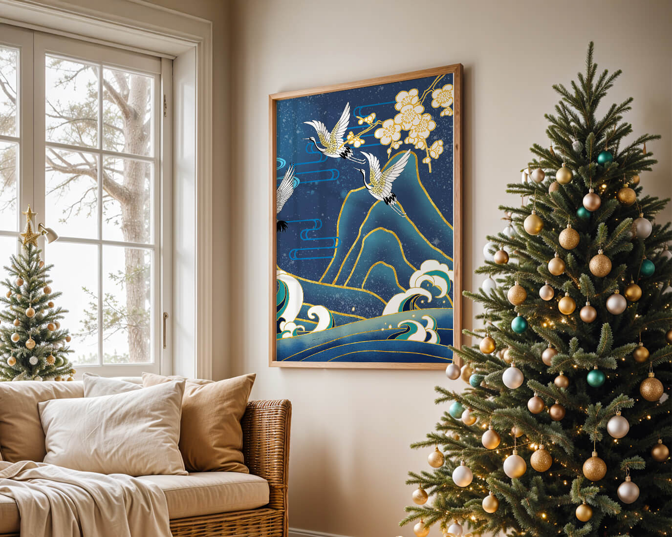 Elegant Cranes in Flight over Ocean Waves with Golden Accents and Blossoms