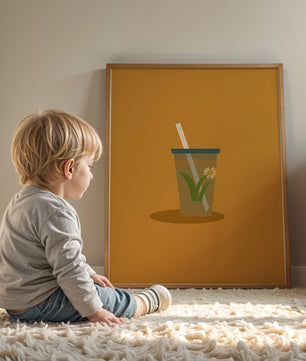 Illustration of a Drink with Botanical Element and Straw on Orange Background - Mi tienda