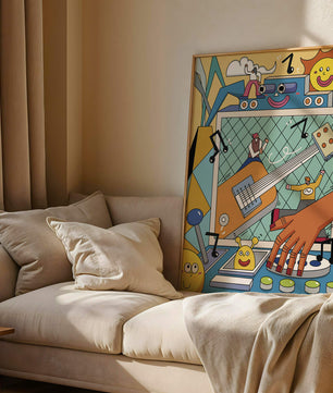 Colorful Cartoon Collage with Musical Elements and Smiling Faces