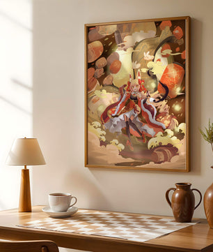 Vibrant fantasy scene with animated character and whimsical creatures
