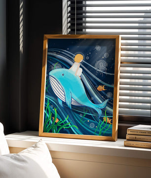 Whimsisches Unterwasserszenario mit Kind und Blauwal