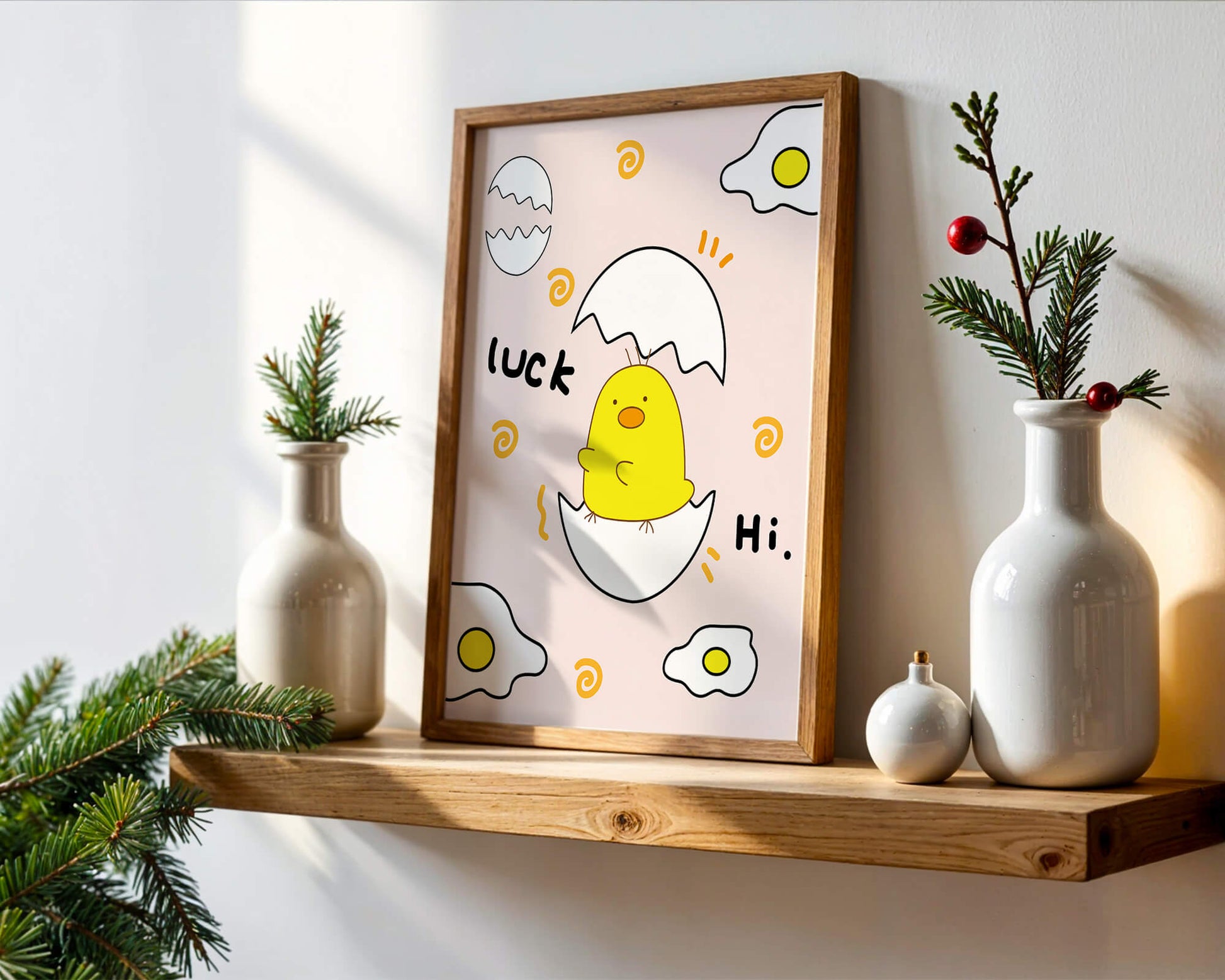 Chick hatching from an egg with cheerful expressions and fried egg motifs