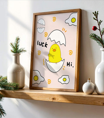 Chick hatching from an egg with cheerful expressions and fried egg motifs