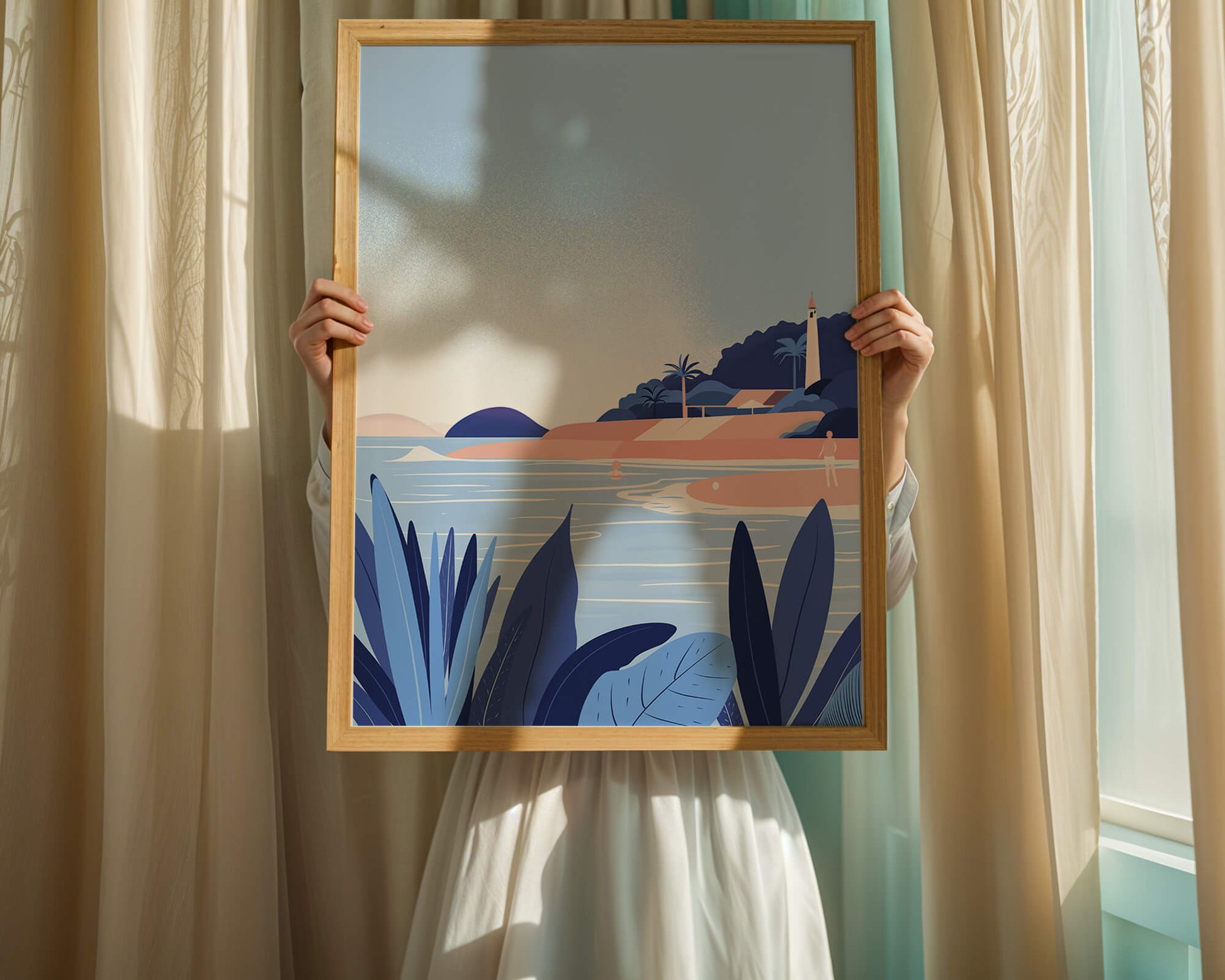 Serene seaside scene with lighthouse and tropical foliage