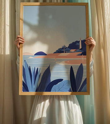 Serene seaside scene with lighthouse and tropical foliage