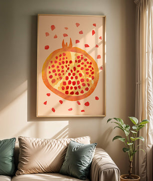 Ilustración abstracta colorida de granada con semillas esparcidas