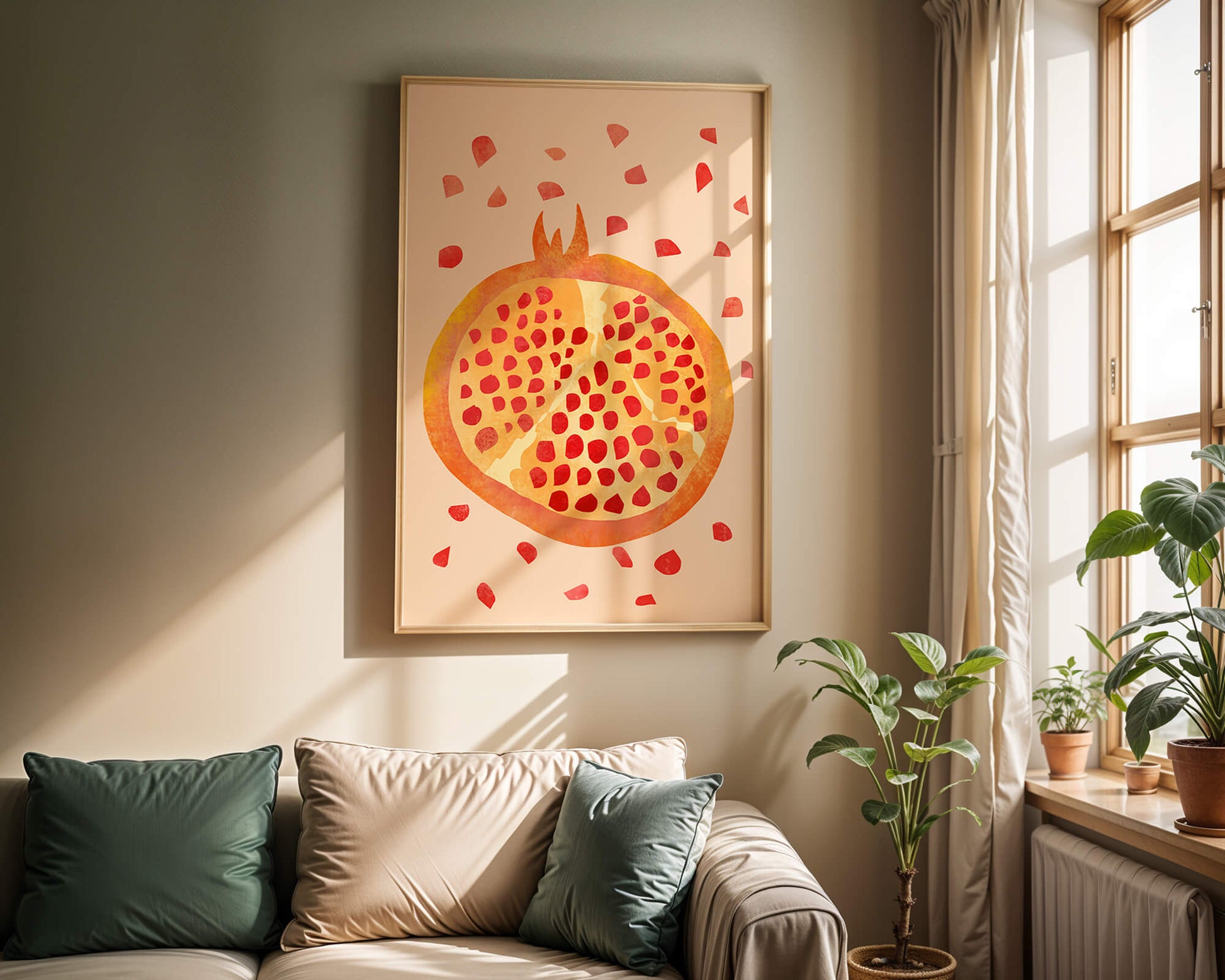 Colorful abstract pomegranate illustration with scattered seeds