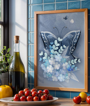 Floral and butterfly digital artwork in calming blue shades