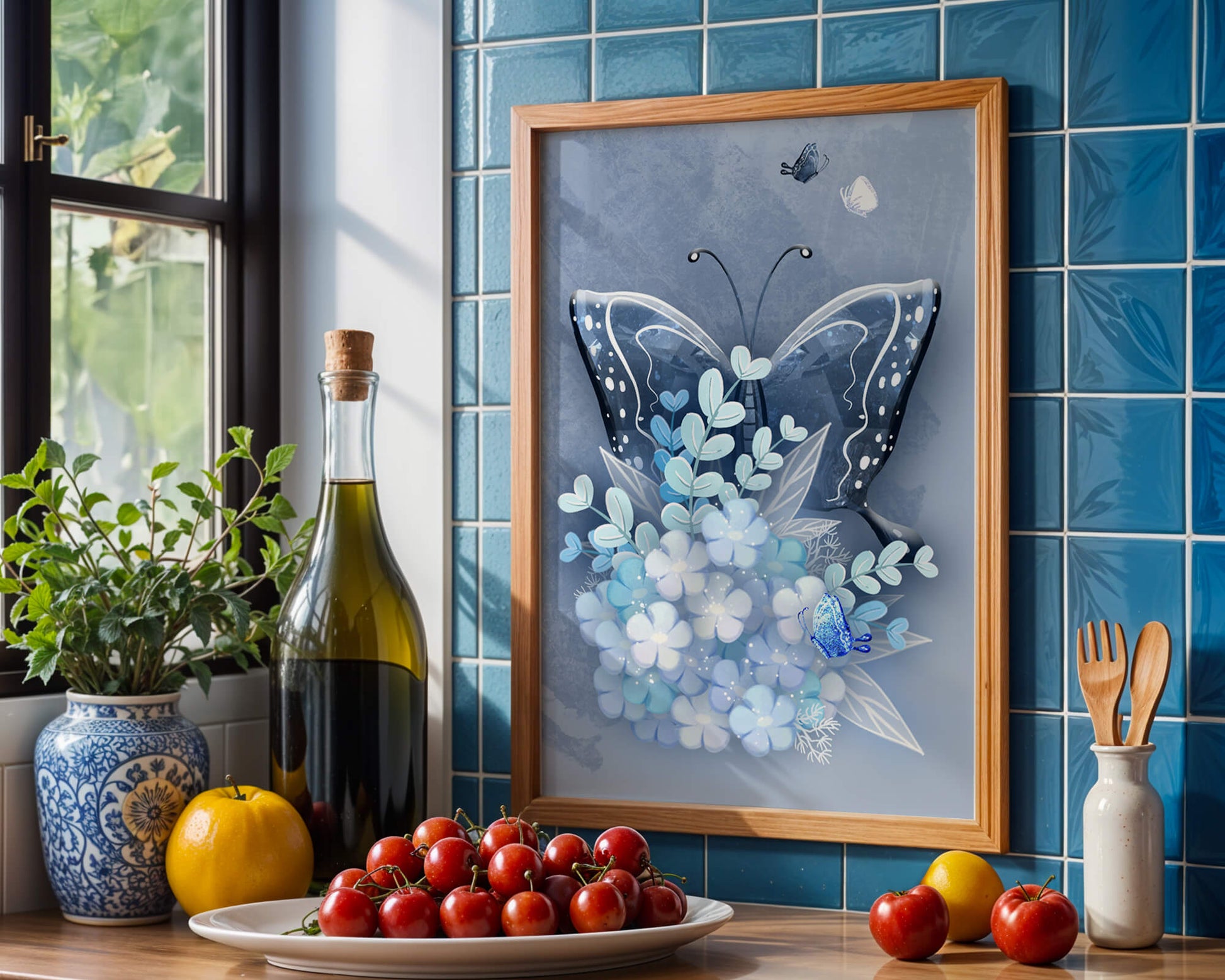 Floral and butterfly digital artwork in calming blue shades