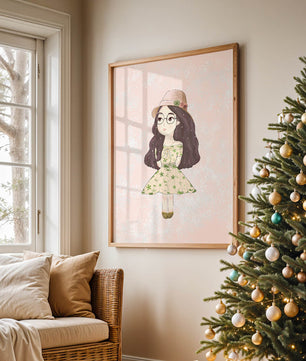 Ilustración encantadora de una niña con vestido y sombrero floral
