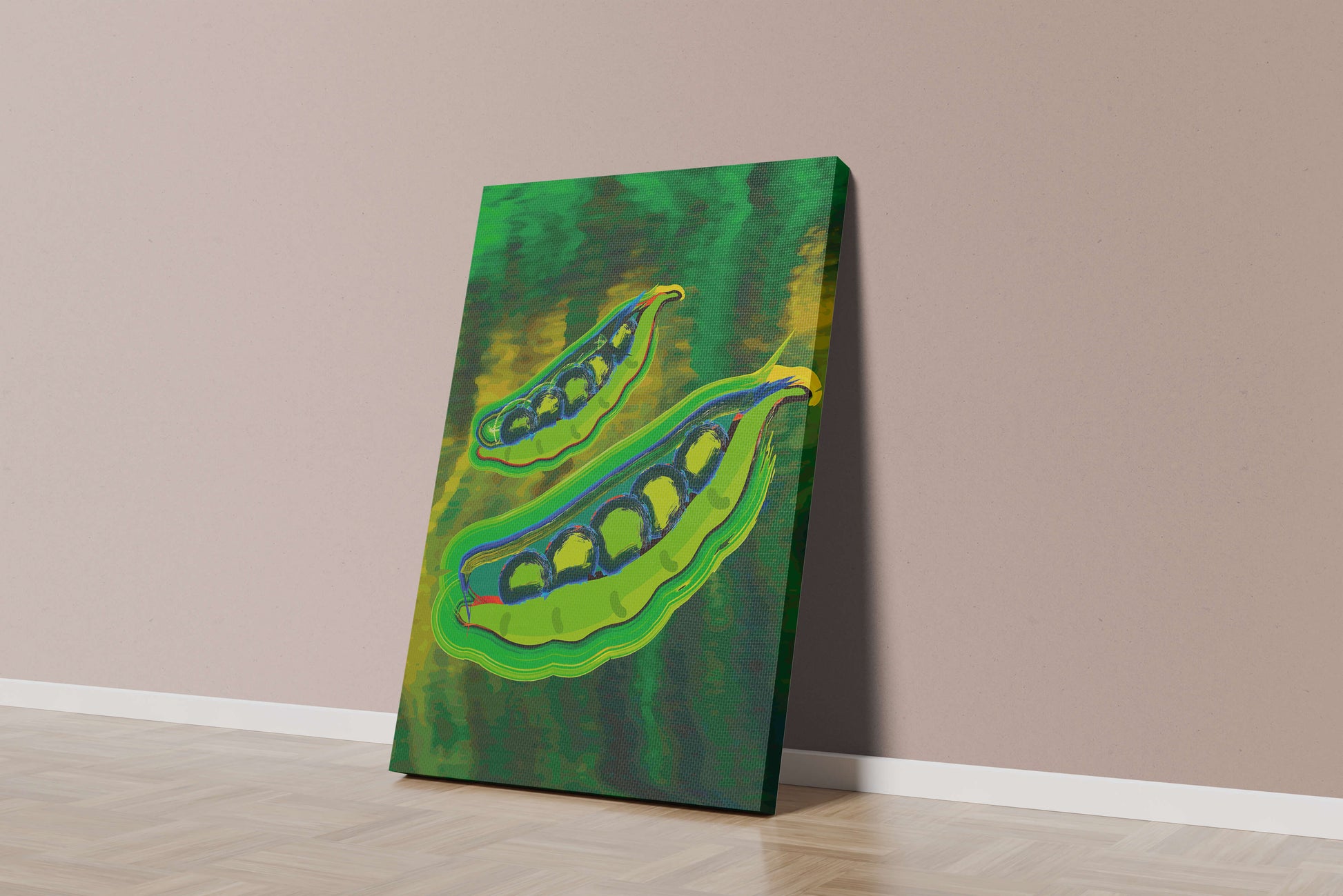 Ilustración abstracta de guisantes verdes coloridos con fondo vibrante
