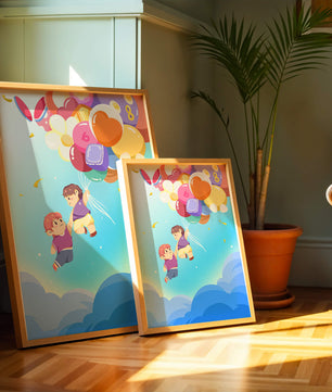 Ilustración caprichosa de niños en el cielo con globos de colores