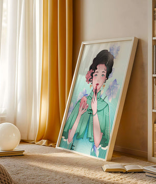Woman applying lipstick with elegant floral background