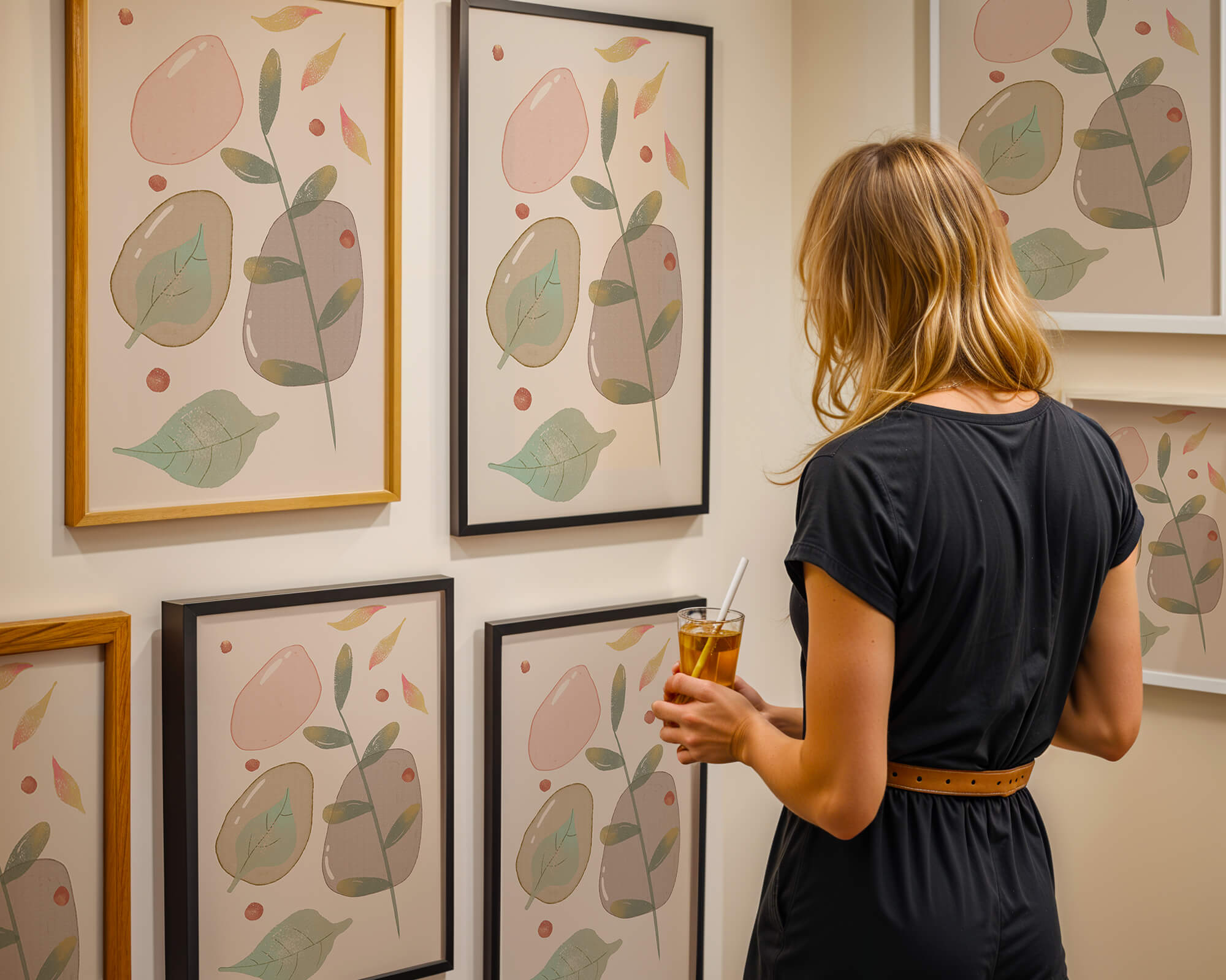 Abstract botanical illustration with pastel colored leaves and shapes