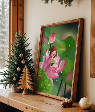 Charming fairy sitting on a blooming pink lotus in a magical garden