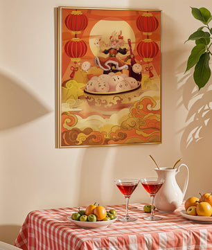 Charming festive fantasy illustration featuring lanterns and playful characters