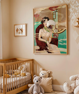 Œuvre d'art élégante d'inspiration asiatique vintage représentant une femme avec un éventail