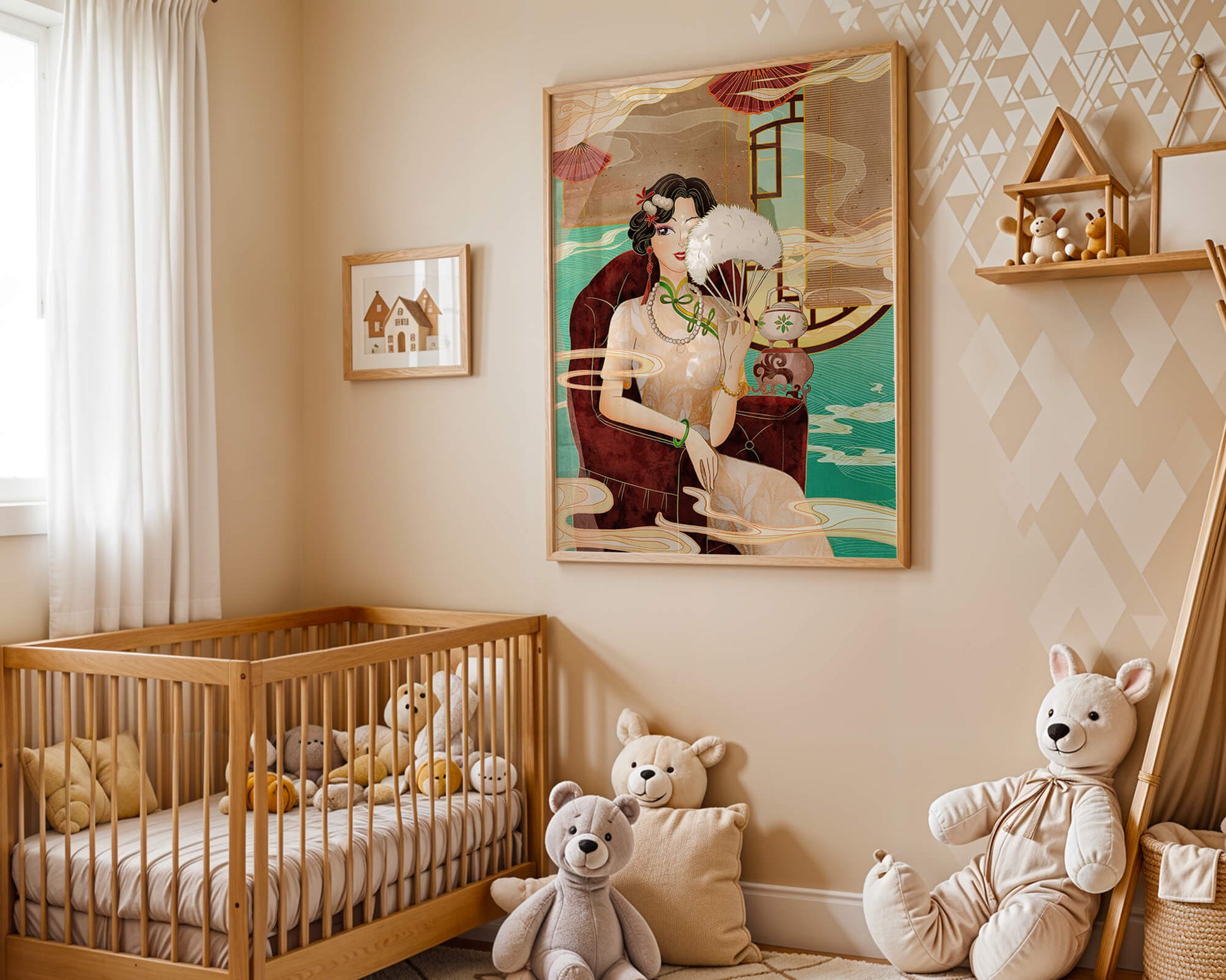 Elegant vintage Asian-inspired artwork featuring a woman with a fan