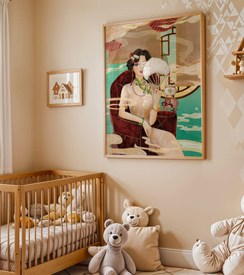 Elegant vintage Asian-inspired artwork featuring a woman with a fan