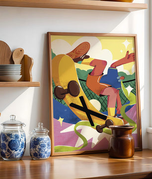 Ilustración abstracta colorida con un skater en movimiento dinámico
