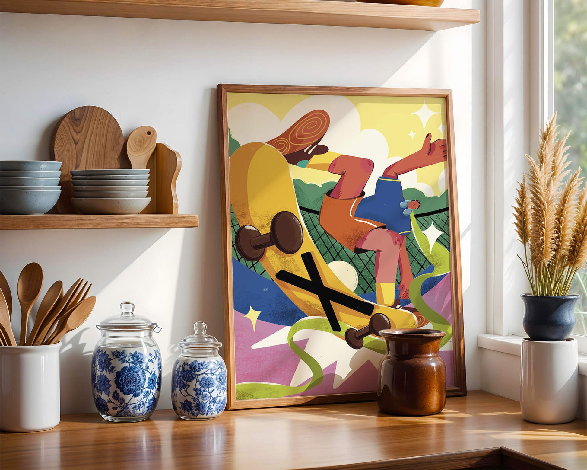 Ilustración abstracta colorida con un skater en movimiento dinámico