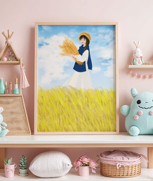 Young girl in a wheat field on a sunny day illustration