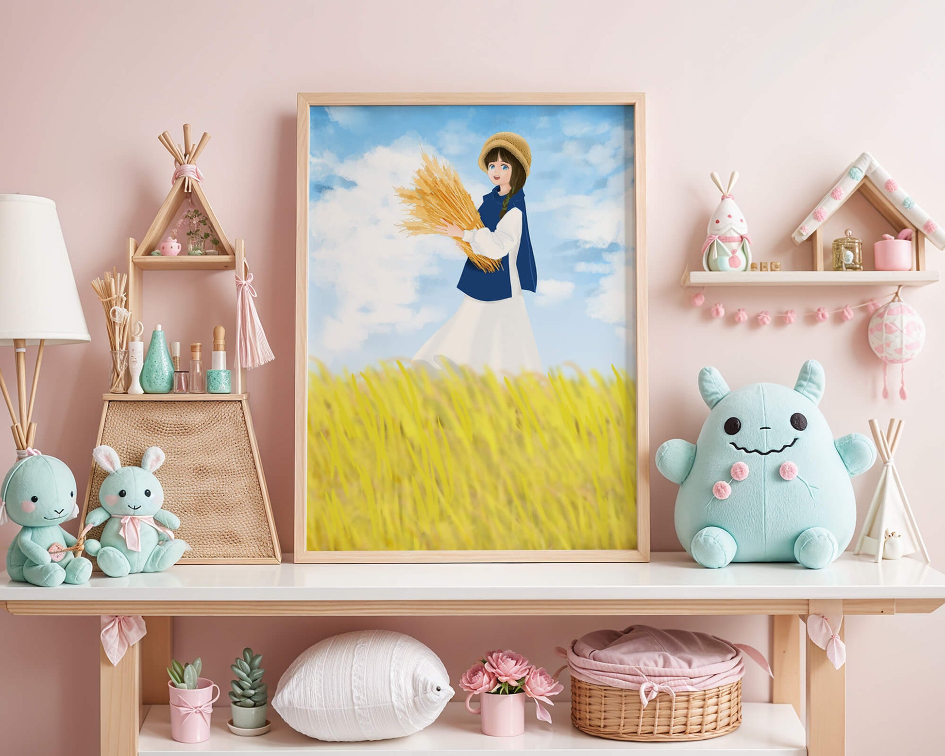 Young girl in a wheat field on a sunny day illustration