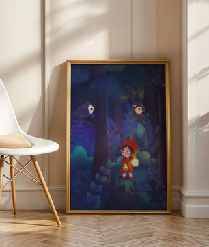 Little Girl in Red Hood Exploring Enchanted Forest at Night with Owl and Bear
