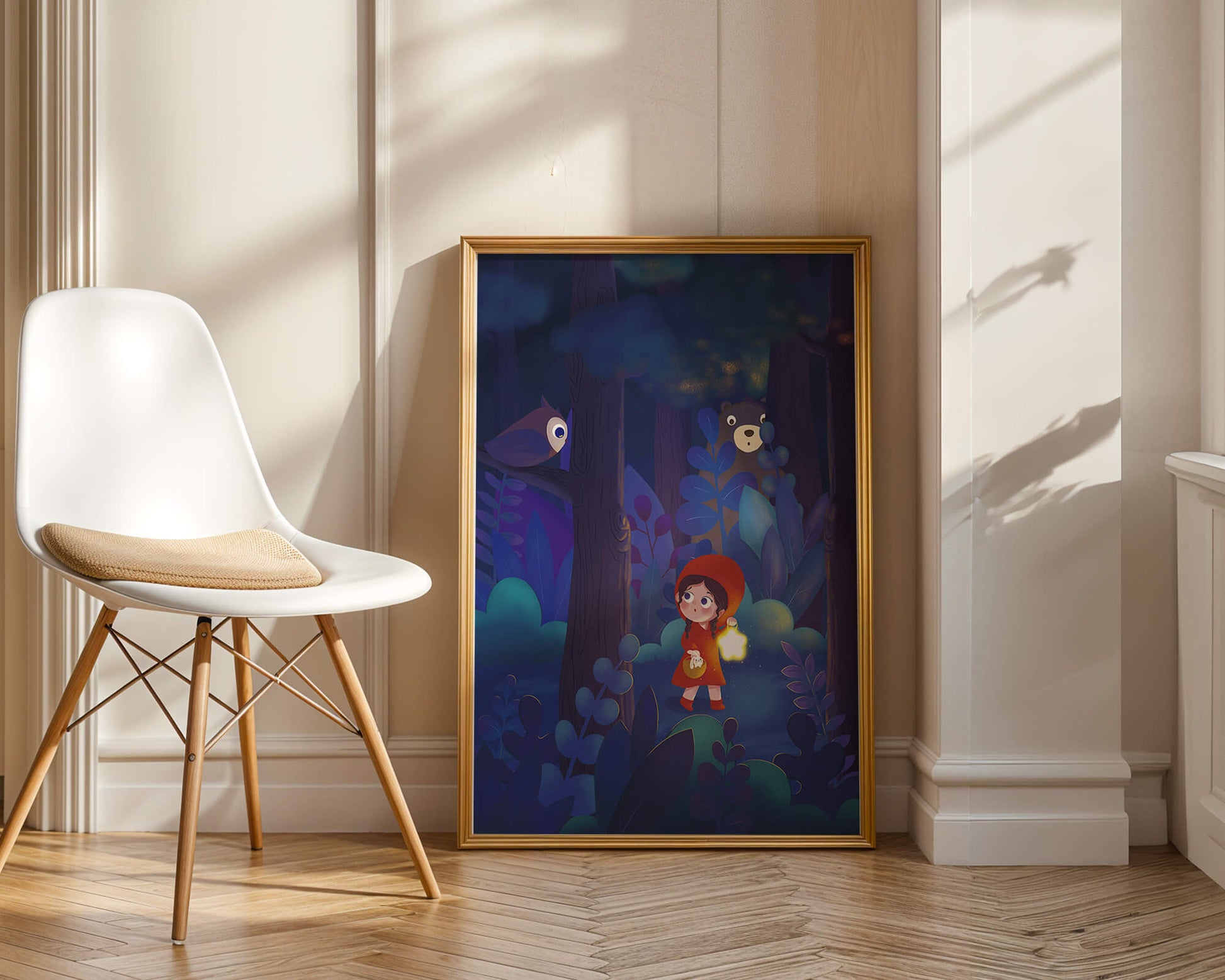 Little Girl in Red Hood Exploring Enchanted Forest at Night with Owl and Bear
