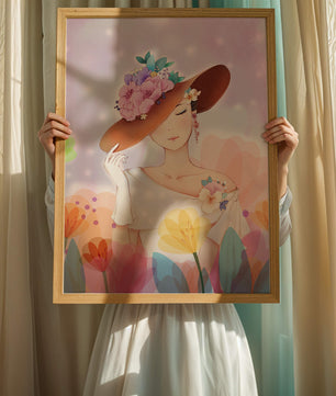 Mujer elegante con sombrero floral entre flores coloridas