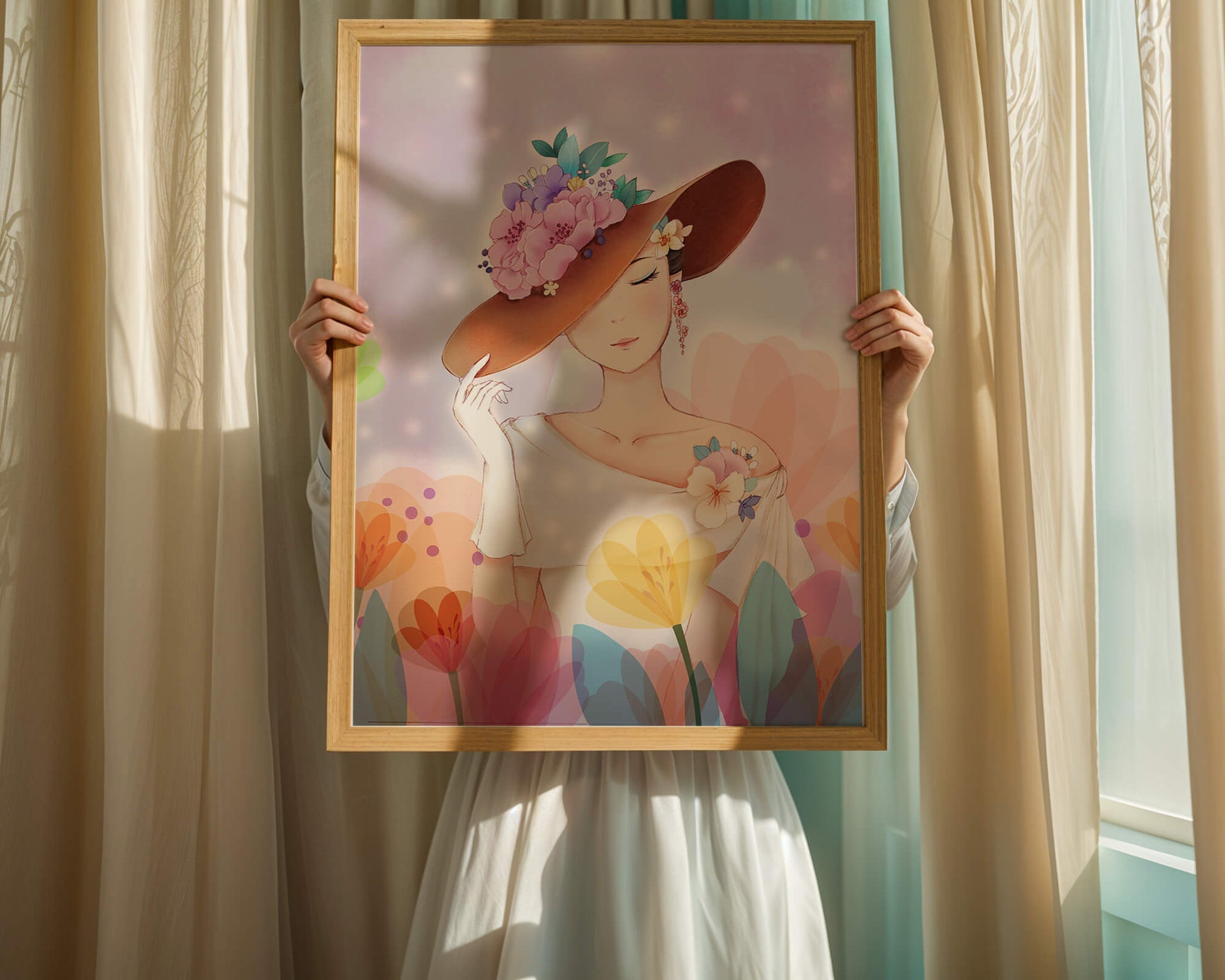 Mujer elegante con sombrero floral entre flores de colores