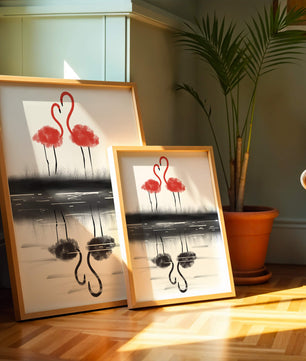 Flamencos elegantes reflejándose en el agua con un contraste artístico