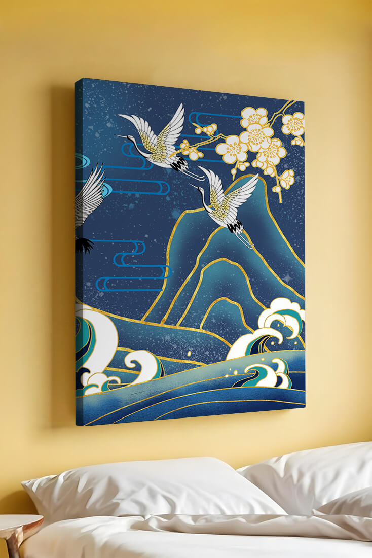Elegant Cranes in Flight over Ocean Waves with Golden Accents and Blossoms