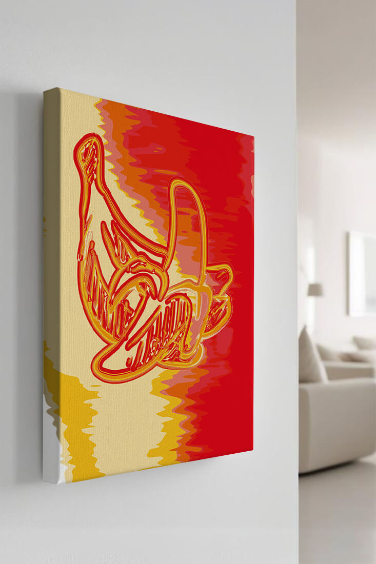 Abstract banana art with vibrant red and orange hues