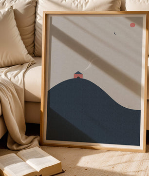 Minimalistische Landschaft mit Haus auf einem Hügel und Sonnenuntergang