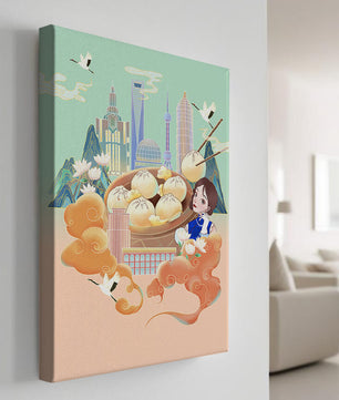 Illustration de la ligne d’horizon de Shanghai avec des raviolis et des éléments asiatiques