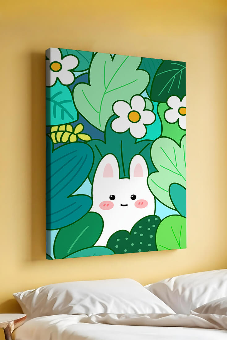 Illustration of a cute rabbit hidden among flowers and greenery