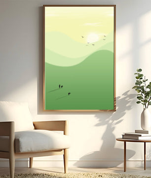 Paisaje minimalista con figuras silueteadas y aves al atardecer