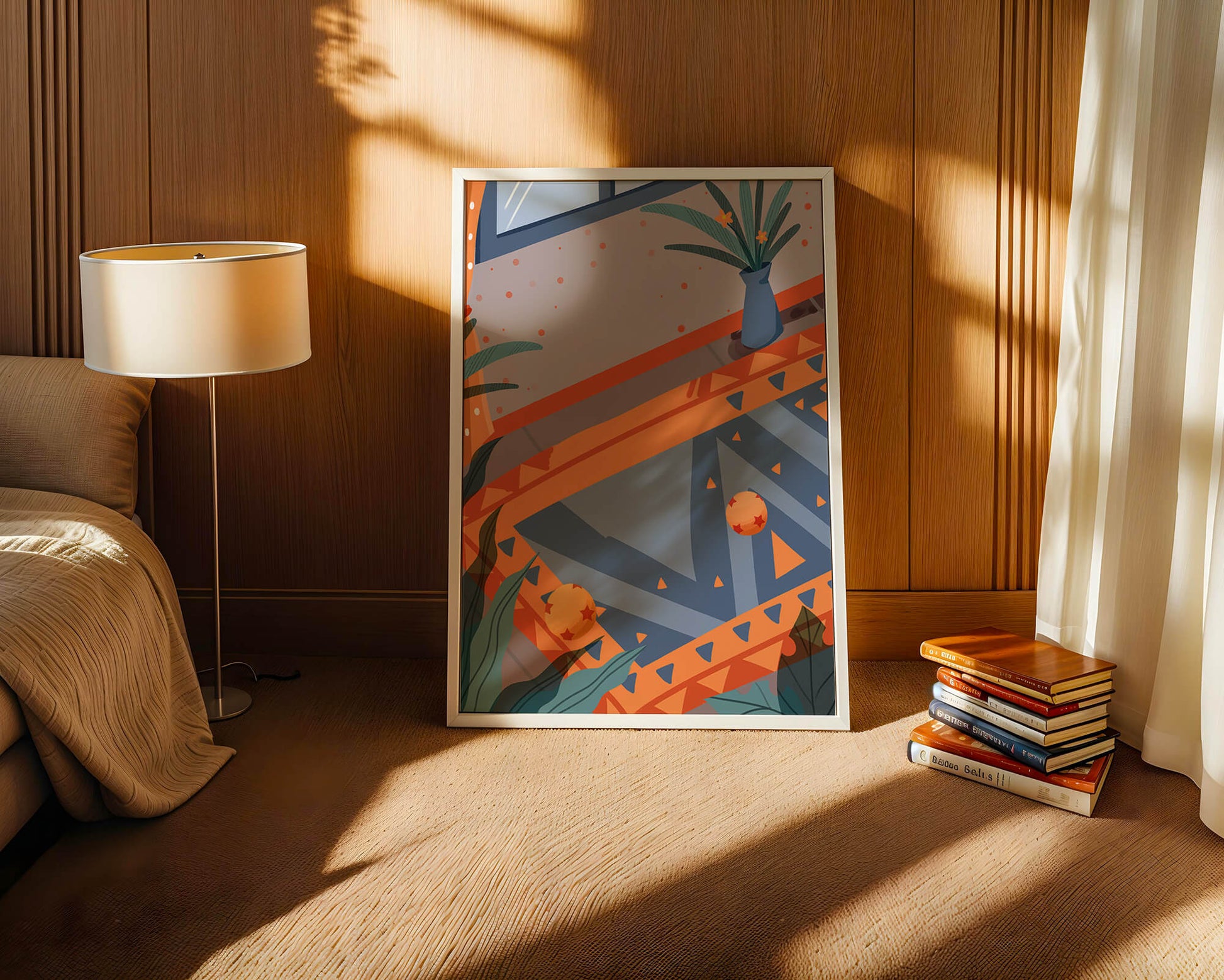 Interior abstracto moderno con patrones geométricos y planta