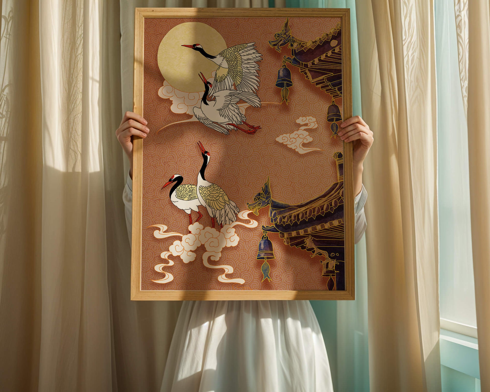 Oriental crane art with golden accents and architectural design