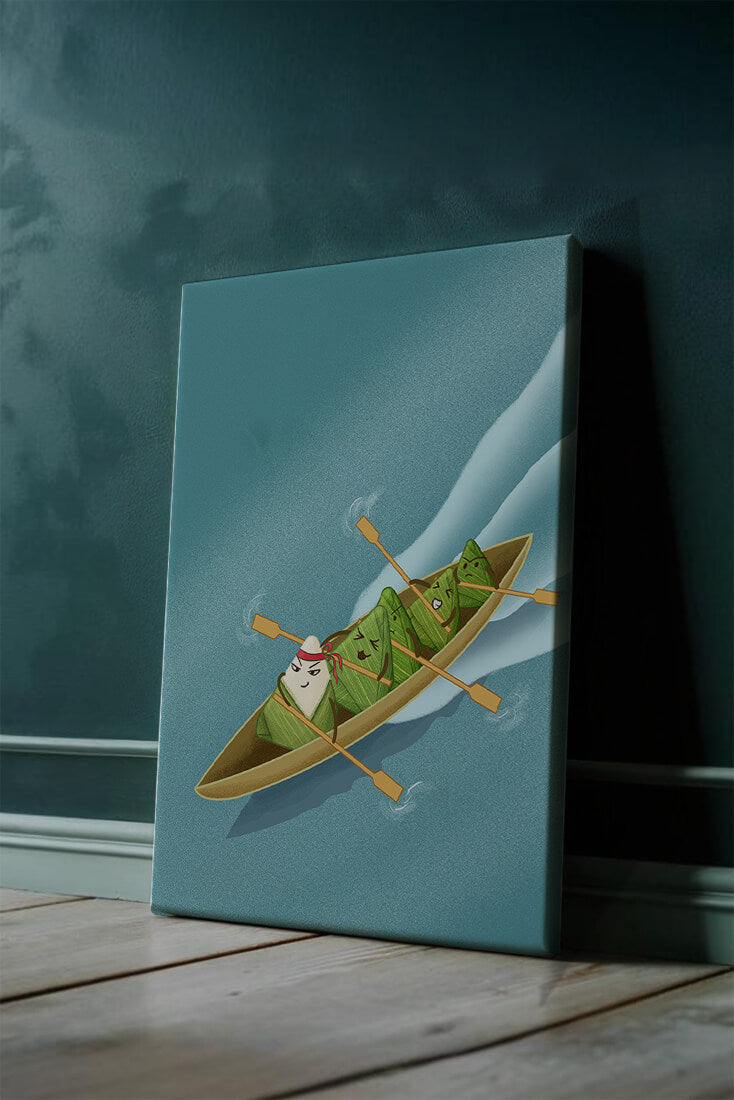 Charming illustration of rice dumplings rowing a boat with expressions
