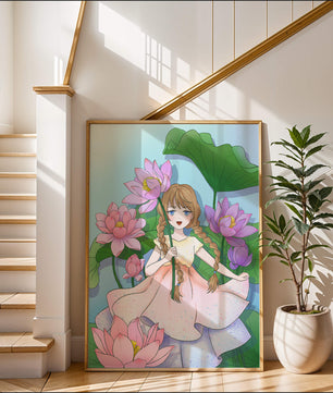 Illustration fantaisiste d'une jeune fille aux cheveux tressés parmi des fleurs de lotus