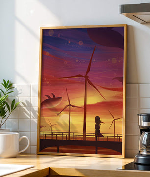 Enchanting sunset scene with wind turbines and silhouette of a girl