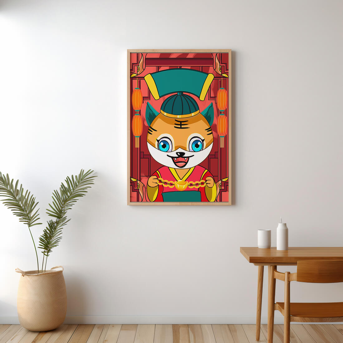 Colorful cartoon tiger with lanterns and traditional elements
