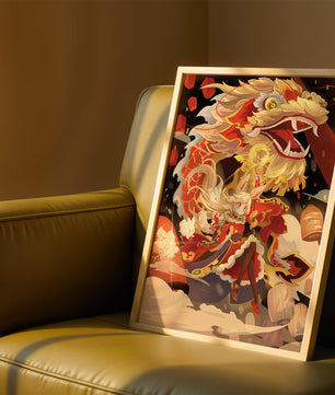 Personnage dynamique avec dragon et lanternes dans une œuvre d'art animée et vibrante