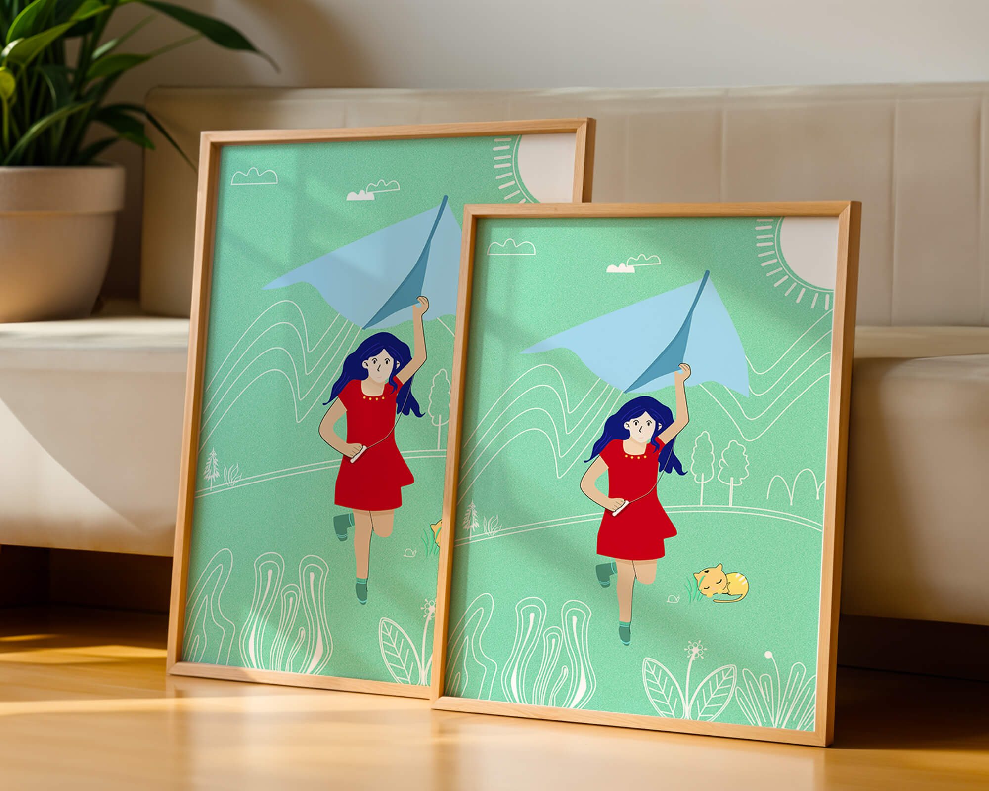 Illustration of a girl with a kite in a whimsical landscape