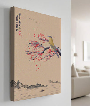Traditional Chinese painting with bird and blossom branch over tranquil landscape