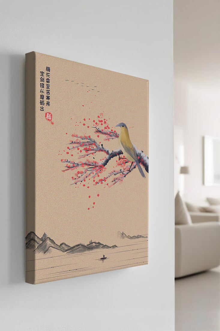 Traditional Chinese painting with bird and blossom branch over tranquil landscape