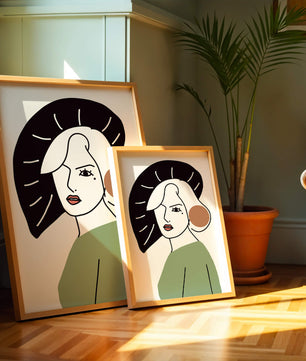 Minimalist Abstract Portrait Featuring Woman with Black Hat and Green Outfit - Mi tienda