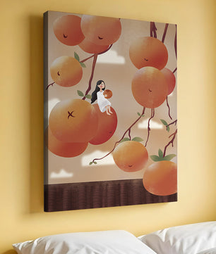 Whimsical illustration of girl with giant oranges and branches